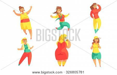 Smiling Plus Size Women Set, Curvy, Happy Overweigh Girls, Body Positive Vector Illustration