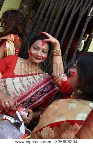 Kolkata, India - 8th October 2019; Women Participate In Sindur Khela At A Puja Pandal On The Last Da