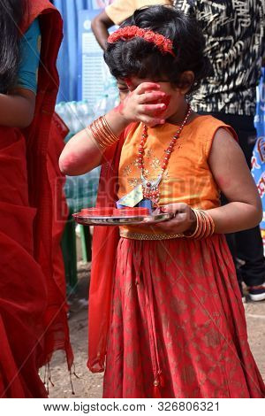 Kolkata, India - 8th October 2019; Women Participate In Sindur Khela At A Puja Pandal On The Last Da