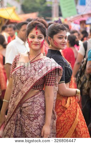 Kolkata, India - 8th October 2019; Women Participate In Sindur Khela At A Puja Pandal On The Last Da