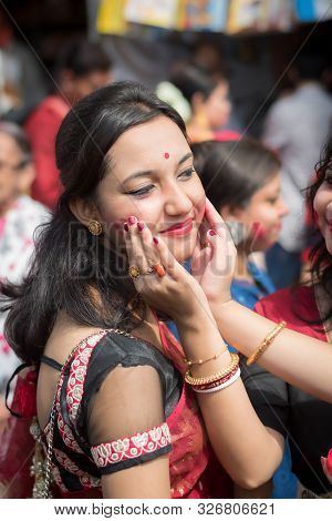 Kolkata, India - 8th October 2019; Women Participate In Sindur Khela At A Puja Pandal On The Last Da