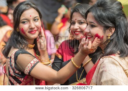 Kolkata, India - 8th October 2019; Women Participate In Sindur Khela At A Puja Pandal On The Last Da
