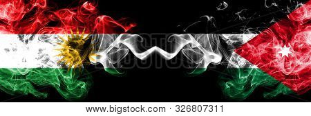 Kurdistan Vs Jordan, Jordanian Smoke Flags Placed Side By Side. Thick Colored Silky Smoke Flags Of K