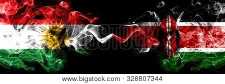 Kurdistan Vs Kenya, Kenyan Smoke Flags Placed Side By Side. Thick Colored Silky Smoke Flags Of Kurds