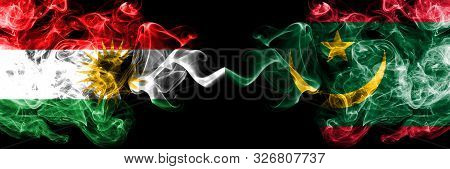 Kurdistan Vs Mauritania, Mauritanian Smoke Flags Placed Side By Side. Thick Colored Silky Smoke Flag