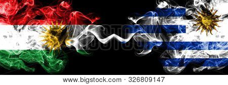 Kurdistan Vs Uruguay, Uruguayan Smoke Flags Placed Side By Side. Thick Colored Silky Smoke Flags Of 