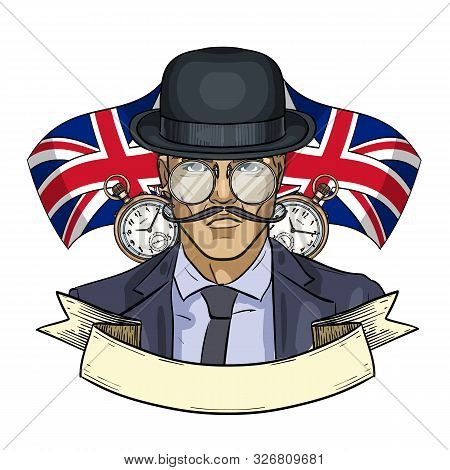 Hand Drawn Color Sketch, British Man With Beard And Mustaches And Hat. Poster, Flyer Design