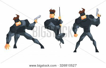 Secret Agent Or Spy In Black Suir In Different Actions Set Vector Illustration