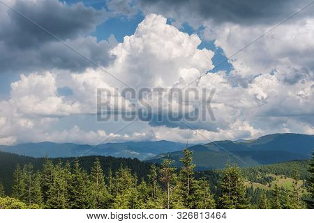 Summer Landscape In The Carpathian Mountains. View From The Mountain Peak Hoverla. Ukrainian Mountai