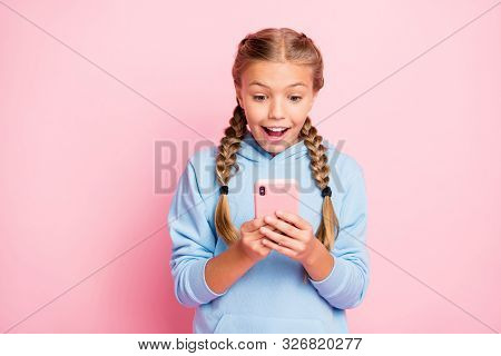 Photo Of Stylish Trendy Casual White Cheerful Nice Cute Girl Using Telephone To Read Feednews And Br