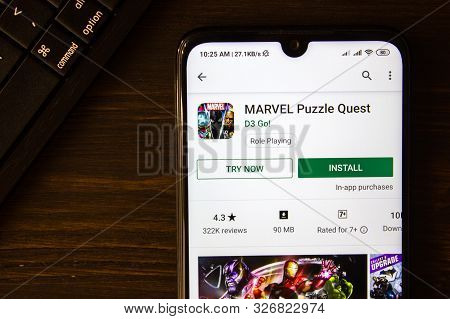 Ivanovsk, Russia - July 21, 2019: Marvel Puzzle Quest App On The Display Of Smartphone