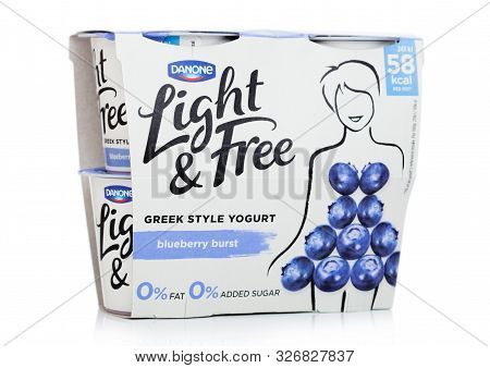 London, Uk - October 10, 2019: Pack Of Danone Light & Free Greek Style Natural Yogurt With Blueberry