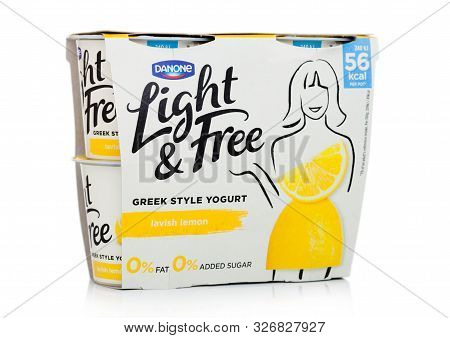 London, Uk - October 10, 2019: Pack Of Danone Light & Free Greek Style Natural Yogurt With Lemon On 