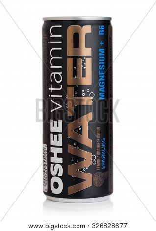 London, Uk - October 10, 2019: Aluminium Can Of Oshee Vitamin Sparkling Water With Magnesium On Whit
