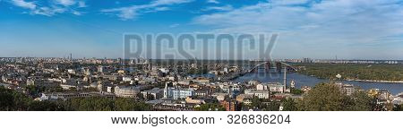 Panorama View Over Kiev The Dnieper River And The Podilsko Voskresensky Bridge Ukraine