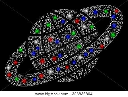 Bright Mesh Planetary Ring With Glare Effect. White Wire Frame Polygonal Network In Vector Format On