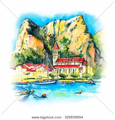 Watercolor Sketch Of Church Of St Peter On Priko In Omis, Very Popular Tourist Town In Croatia At Su
