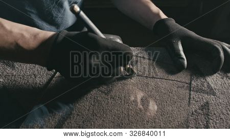 Glass Cutting And Processing For Fireplace Doors. Circular Glass Cutter. Worker Cut Glass With Glass