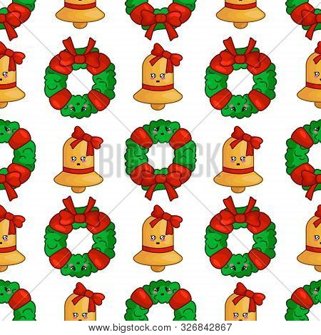 Christmas Seamless Pattern With Floral Firry Wreath, Red Bow And Golden Bell, Endless Texture For Te