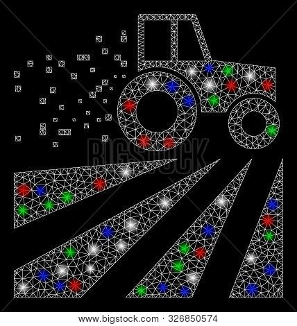 Bright Mesh Tractor Dust Field With Glow Effect. White Wire Carcass Polygonal Mesh In Vector Format 