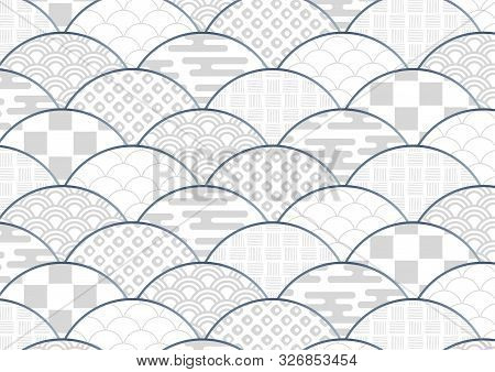 Fan-shaped Background Illustration Using Japanese Pattern, Seigaiha, Kanoko , Checkered Pattern