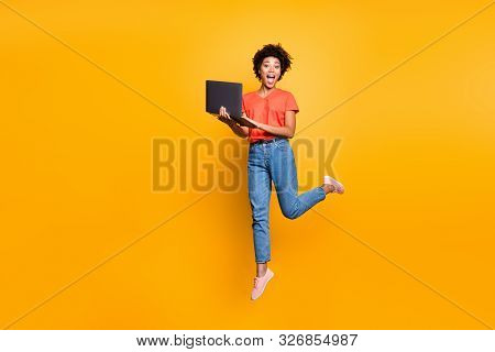 Full Size Photo Of Amazed Crazy Curly Brown Hair Girl Use Her Laptop Have Notification In Feednews J