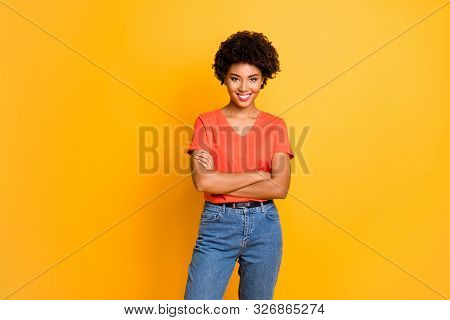 Photo Of Cheerful Nice Cute Charming Fascinating Attractive Girlfriend Standing Confidently With Han