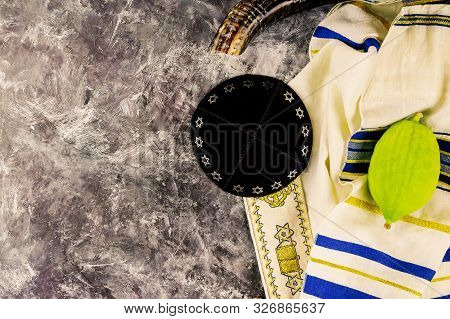 Jewish Ritual Festival Of Sukkot In The Jewish Religious Symbol Etrog, Lulav, Hadas Arava Kippah And