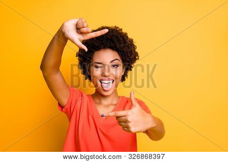 Photo Of Charming Cut Flirty Black Girlfriend Showing You Cadre Frame Pretending To Be Photographing