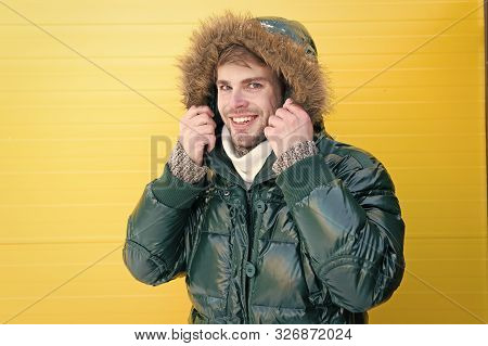 Comfortable Winter Clothing. Keep Warm. Winter Stylish Menswear. Man Bearded Hipster Wear Warm Jacke