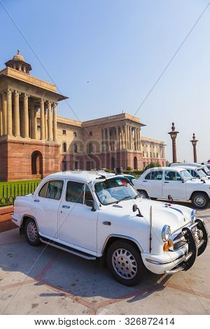 New Delhi , India - Nov 17, 2011: Official Hindustan Ambassador Cars Park Outside North Block, Secre