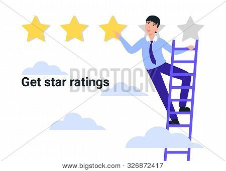Flat Illustration Of A Man Hand Giving Three Star Rating. Review. Feedback, Reputation And Quality C