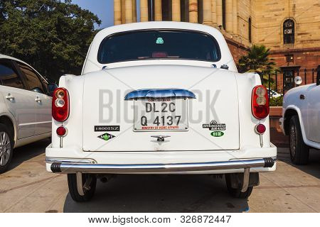 New Delhi , India - Nov 17, 2011: Official Hindustan Ambassador Cars Park Outside North Block, Secre