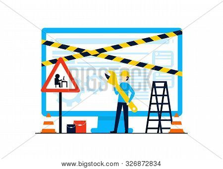 Flat Concept Site Under Construction For Web Page, Banner, Presentation, Social Media, Documents. We