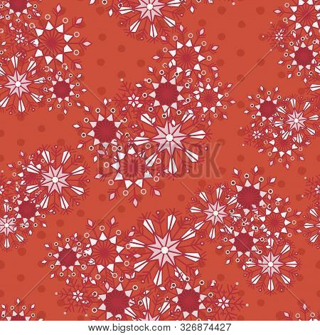 Red And White Bohemian Christmas Lace Snowflakes Vector Seamless Pattern On Orange Dots Background F