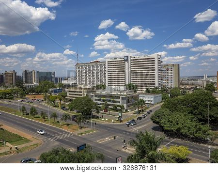 Brasilia, Brazil - Oct 26, 2013: View To Modern Buildings With Street Crossing In Brasilia, Brazil. 