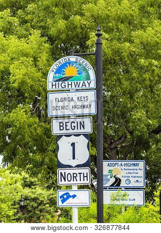 Key West, Usa - Aug 26, 2014: Mile Zero In Key West, Highway Sign No1 Florida Keys