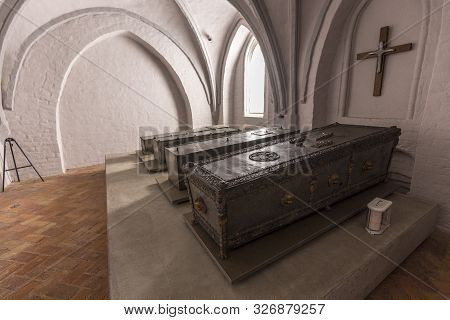 Wolgast, Germany - Aug 13, 2015: Coffin Inside Historic Gothic St Petri Church In Wolgast, Usedom, G