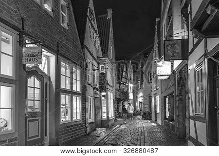 Bremen, Germany - May 12, 2016: Schnoor Street By Night In Bremen.  The Schnoor Is The Oldest Part O