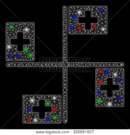 Bright Mesh Hospital Flags With Glow Effect. White Wire Frame Triangular Mesh In Vector Format On A 