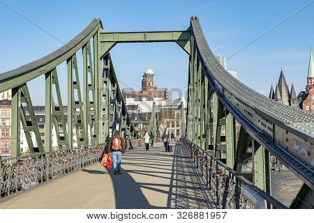 Frankfurt, Germany - Feb 24, 2018: Iron Bridge, Eiserner Steg, Iron Footbridge Is Footbridge Leading
