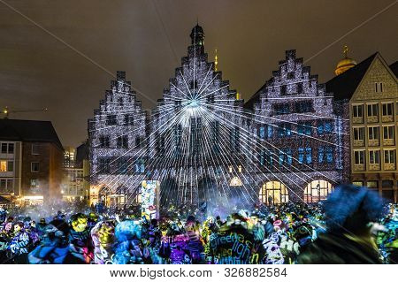 People Watch The Open Air Light Spectacle Luminale In Frankfurt