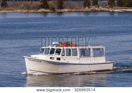 New Bedford, Massachusetts, Usa - April 7, 2019:  Cuttyhunk Water Taxi Seahorse Leaving New Bedford 