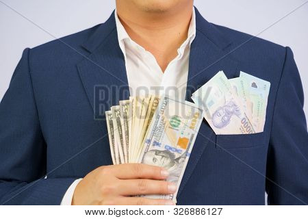 Money In Usa Hold On Hand Business Man And Money In Vietnam (vnd) Hold On Hand Business Man Wearing 