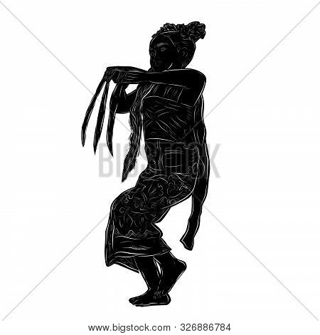 Vector Silhouette And Hand Draw Sketch, Young Girl Traditional Bali Indonesia Traditional Dancer, Is