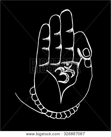 The Arm Of The Shiva With Ohm. Black And White Illustration Of Hands And Rudraksh. Chalk On A Blackb