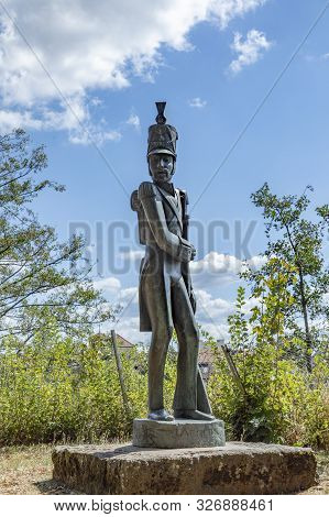 Saarlouis, Germany - Aug 26, 2018: Statue Of The Brave Soldier Lacroix Who Guarded The Fortress Alon