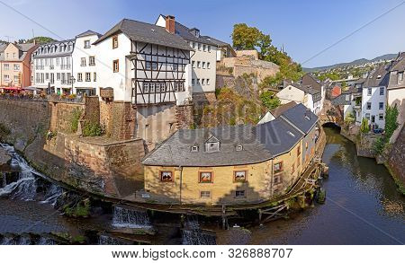 Saarburg, Germany - Aug 28, 2018: Tourist Destination - Waterfall In The City Center Of Saarburg, Ge
