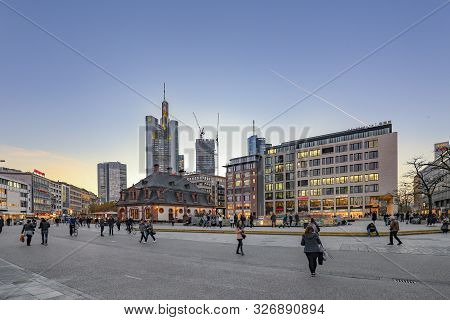 Frankfurt, Germany - Nov 16, 2018: Scenic Skyline Of Frankfurt Am Main With Skyscraper In The Evenin