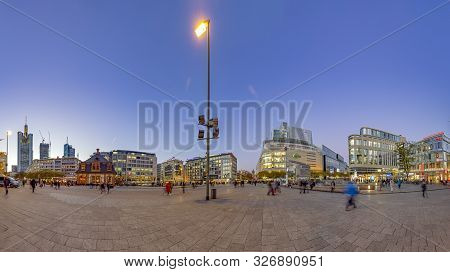Frankfurt, Germany - Nov 16, 2018: Scenic Skyline Of Frankfurt Am Main With Skyscraper In The Evenin